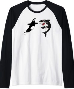 Shark vs Orca Tee Funny Shark and Orca Lover Men Women kids Raglan Baseball Tee