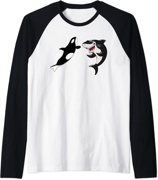 Shark vs Orca Tee Funny Shark and Orca Lover Men Women kids Raglan Baseball Tee