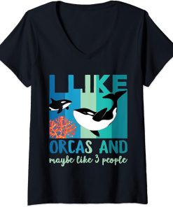 Womens Funny Retro I Like Orcas And Maybe Like 3 People Orca Lover V-Neck T-Shirt