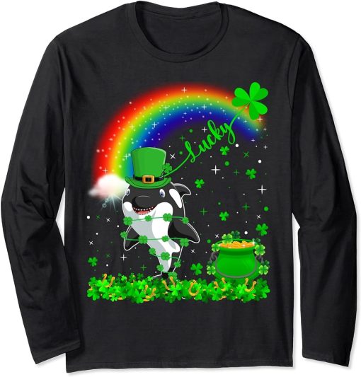 Irish Shamrock Rainbow Lucky Orca St. Patrick"s Day Long Sleeve T-Shirt