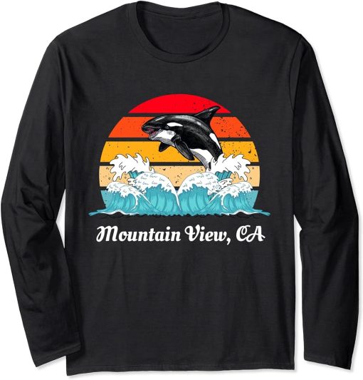 Vintage Mountain View CA Distressed Orca Killer Whale Art Long Sleeve T-Shirt