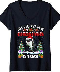 Womens Funny Santa Hat All I Want For Christmas Is A Orca V-Neck T-Shirt