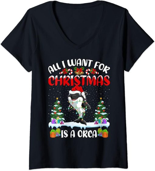 Womens Funny Santa Hat All I Want For Christmas Is A Orca V-Neck T-Shirt