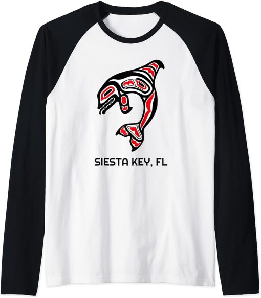 Siesta Key FL Native American Indian Orca Killer Whales Raglan Baseball Tee