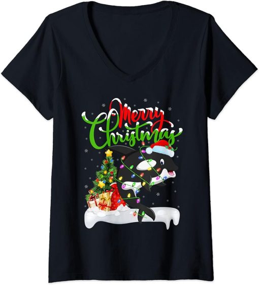 Womens Orca Fish Lover Xmas Decorations Santa Orca Christmas V-Neck T-Shirt